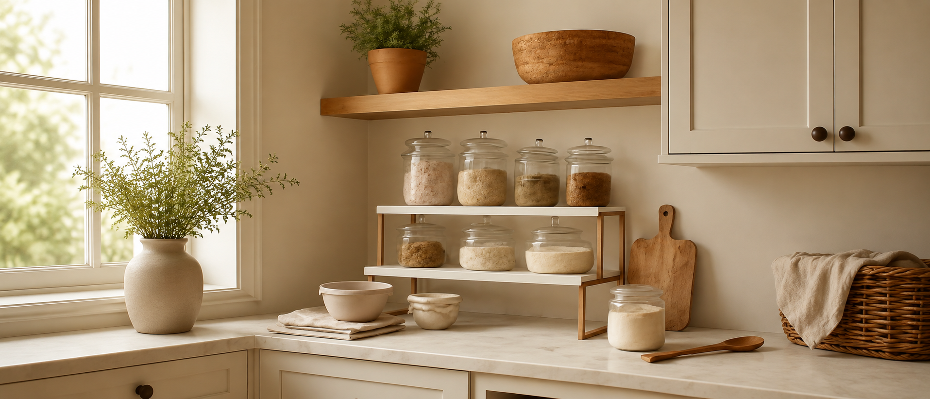 Organized kitchen with cutting boards, utensils and storage jars